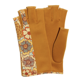 Gold fingerless gloves with flower pattern