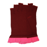 Red fingerless gloves with pink ruffle